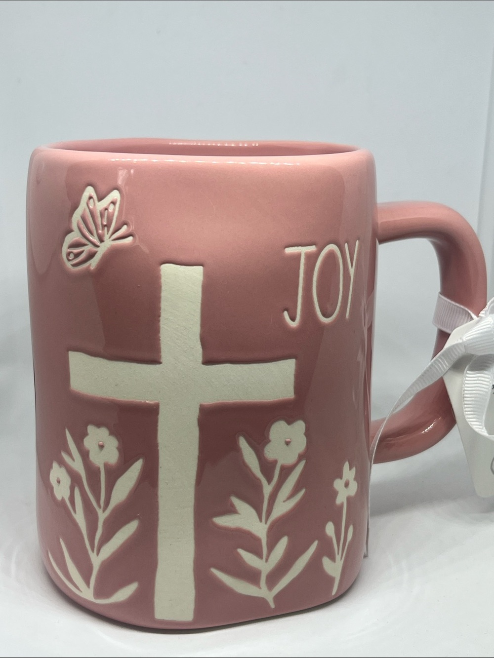 Rae Dunn Pink Ceramic Mug with Cream Cross  and Butterfly Accent